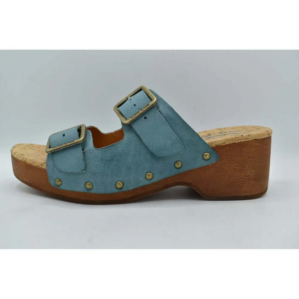 Kork-Ease Saffron Women 9 Turquoise Leather Cork Wedge Shoes Slide Sandals